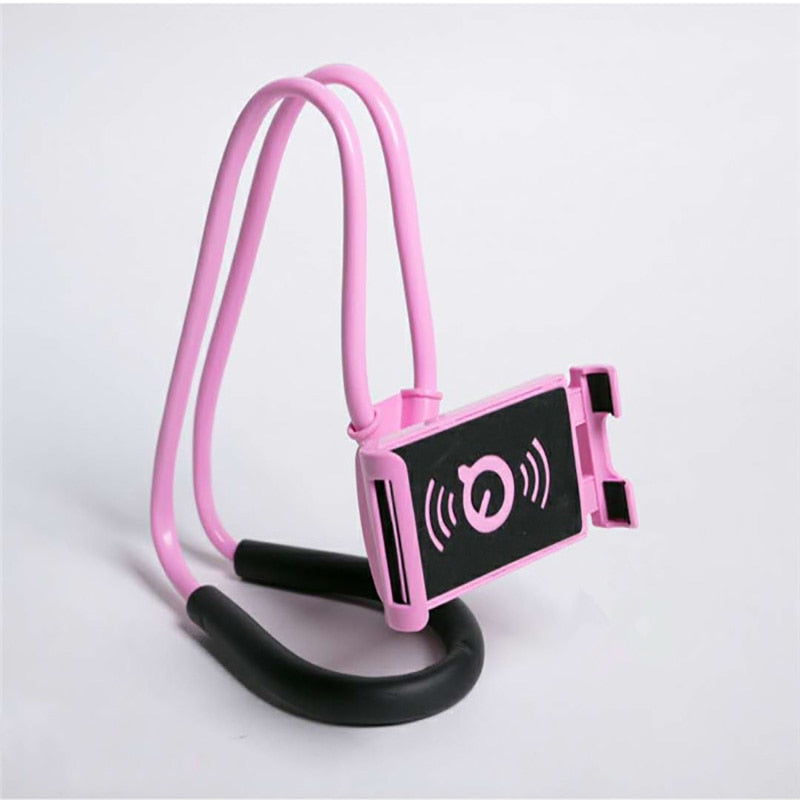 Pink phone holder with a black screen on a white background