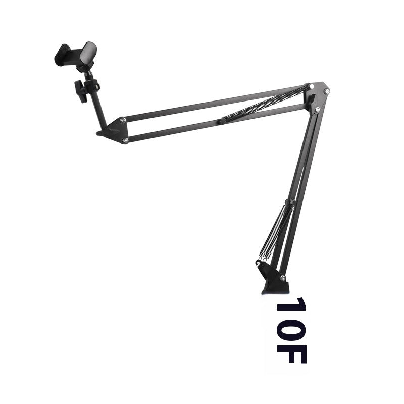 Black adjustable microphone stand on a white background