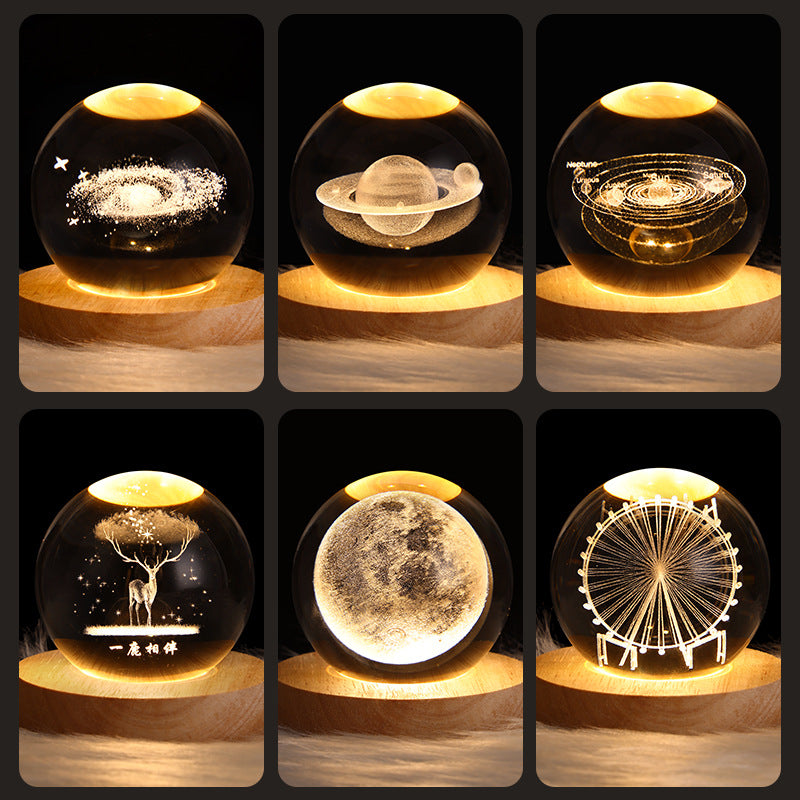 Collage of six crystal ball night lights with different designs.