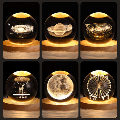 Collage of six crystal ball night lights with different designs.