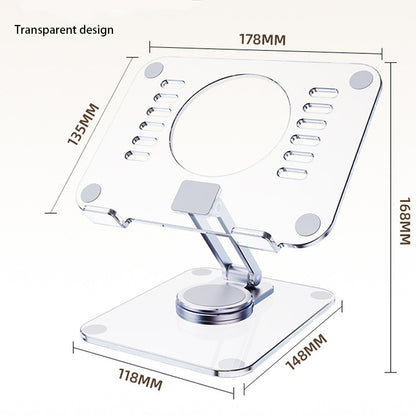 Transparent phone stand with dimensions labeled on a white background