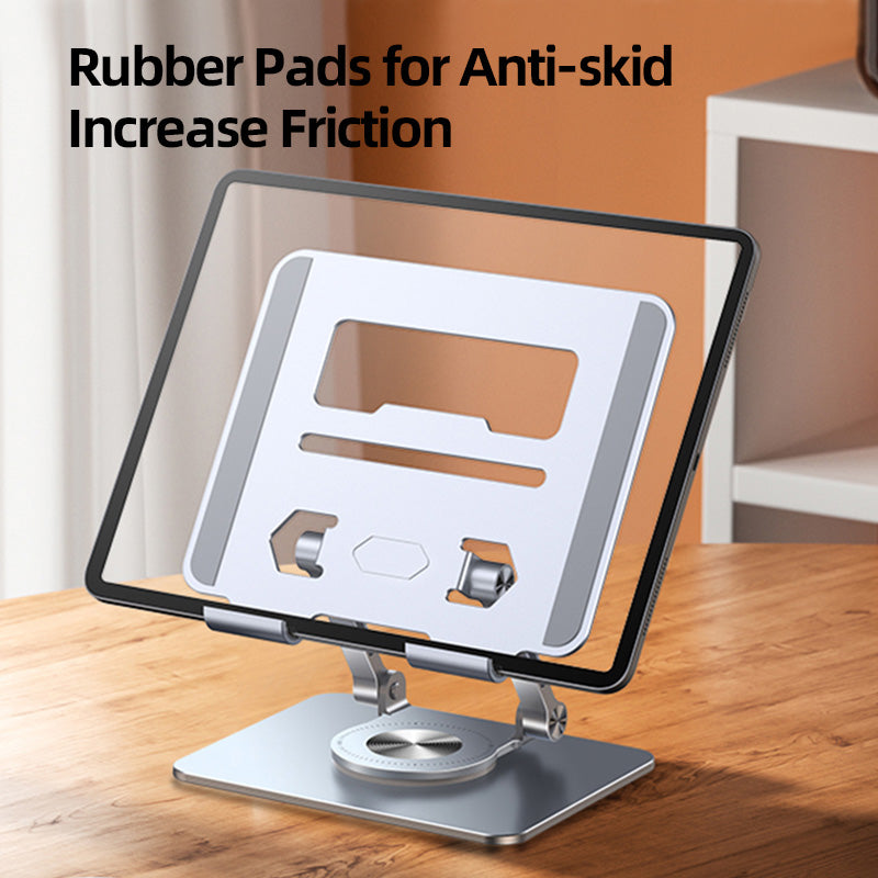 Tablet stand with rubber pads for anti-skid on a wooden surface
