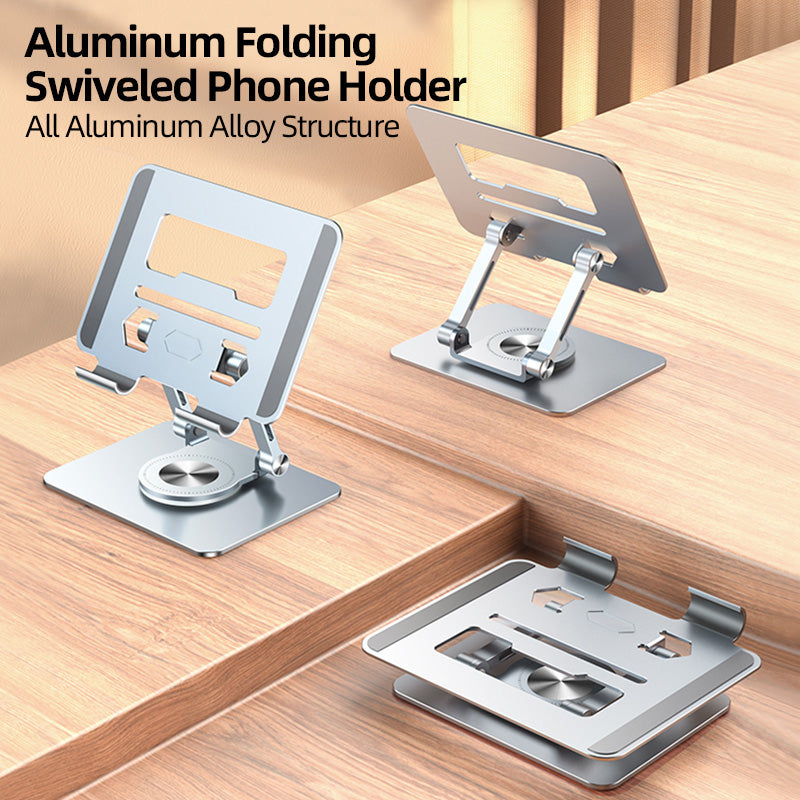 Aluminum folding swiveled phone holder on a wooden surface