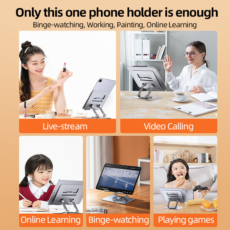 Phone holder being used in various scenarios like live-streaming, video calling, online learning, binge-watching, and playing games.