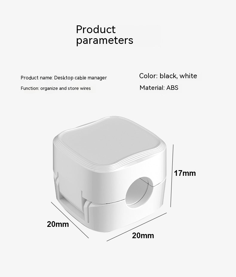 Desktop cable manager with dimensions and product details on a white background