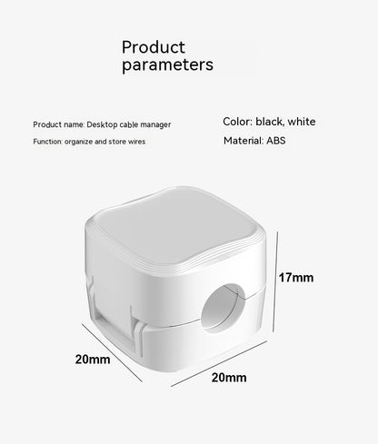 Desktop cable manager with dimensions and product details on a white background