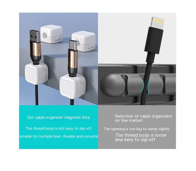 Cable organizer with magnetic lock and USB cable on a white background