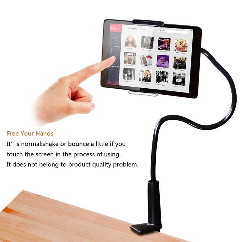 Tablet holder with a tablet on a wooden surface, displaying a hand using the device.