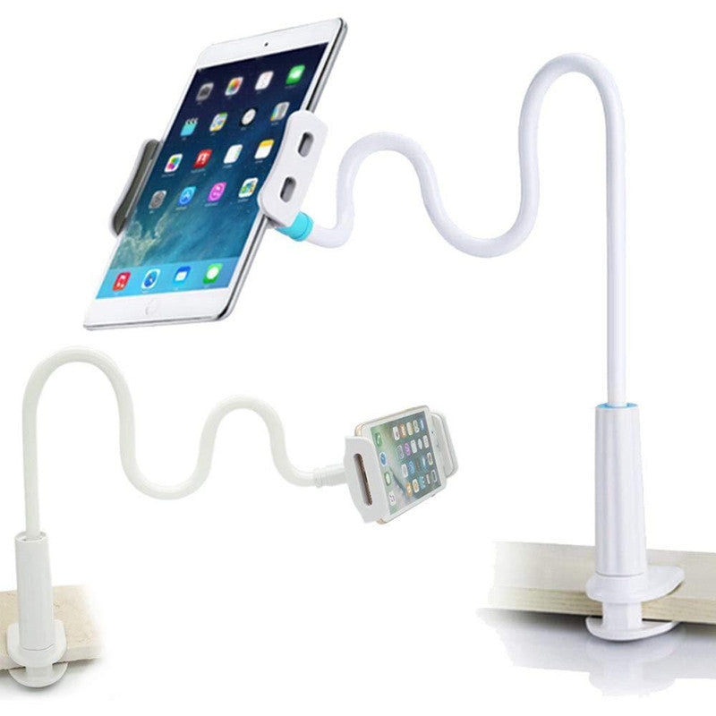 White flexible phone and tablet holder with two devices on a white background