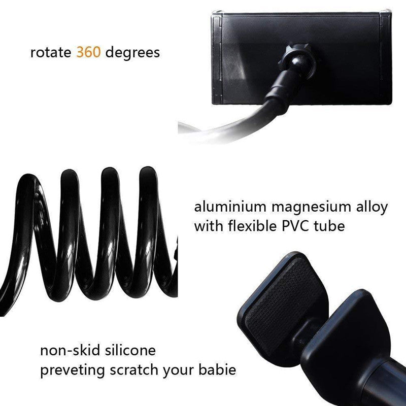 Black flexible tube with text highlighting features on a white background