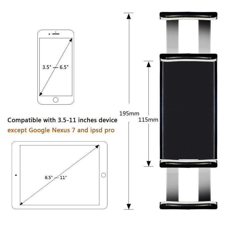 Phone holder with dimensions and compatibility details on a white background