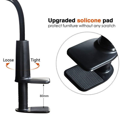 Black adjustable armrest with upgraded silicone pad and measurement details on a white background