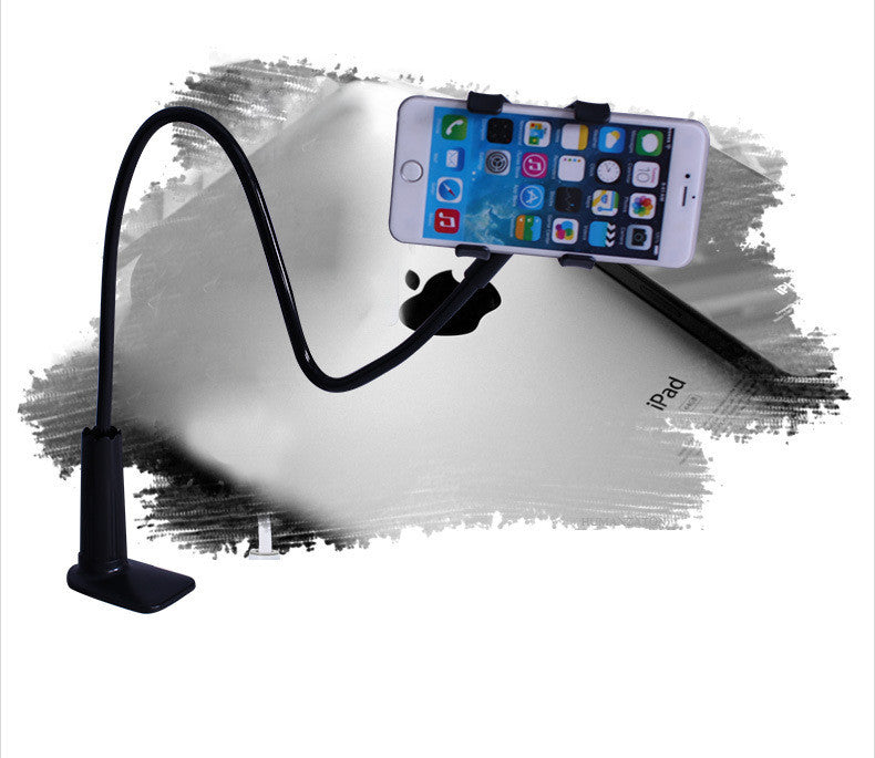Black flexible phone holder with a smartphone on a white background