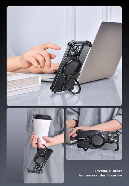 Multi-device stand with phone, laptop, and cup holder on a reflective surface.