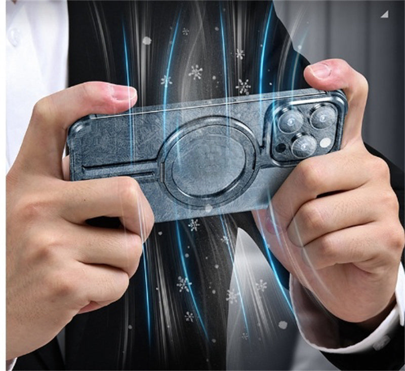 Person holding a smartphone with a transparent case featuring a ring holder.