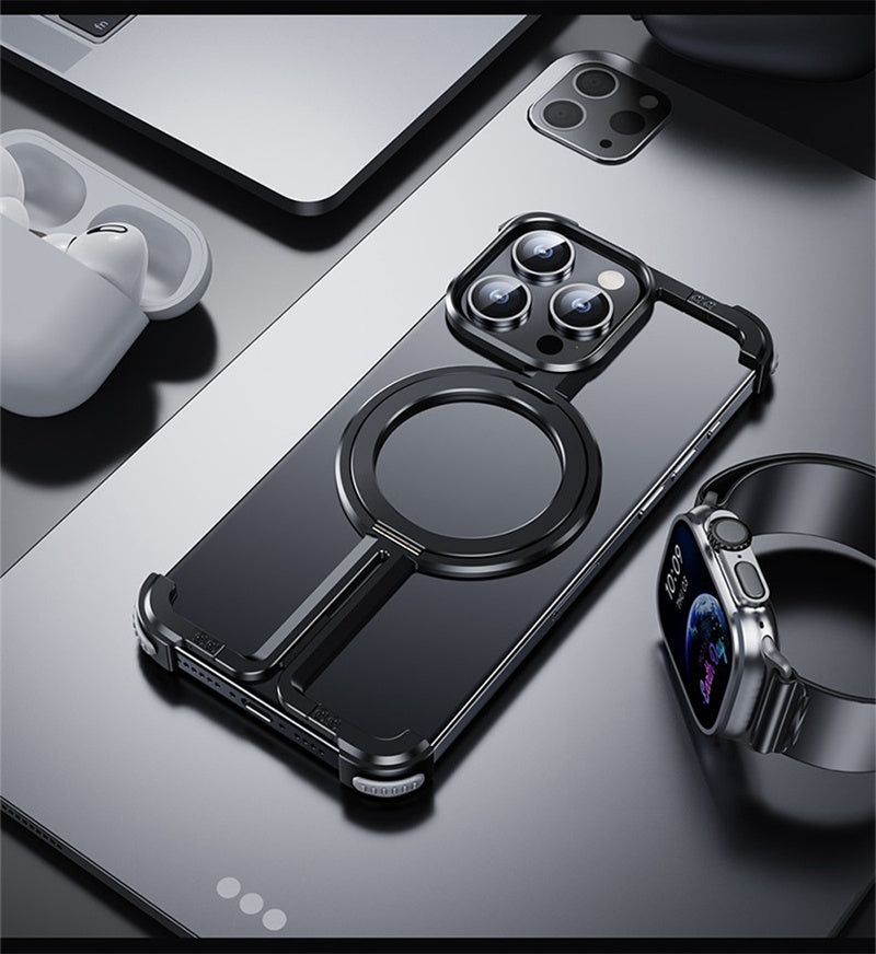 Phone case with ring holder on a reflective surface with phone, earbuds, and smartwatch.