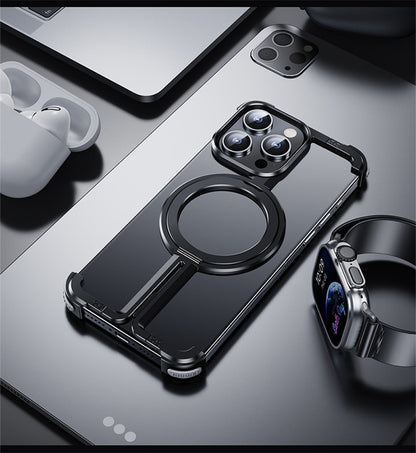 Phone case with ring holder on a reflective surface with phone, earbuds, and smartwatch.