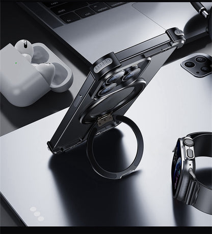 Smartphone with a pop-up camera on a desk with a laptop, earbuds, and smartwatch.