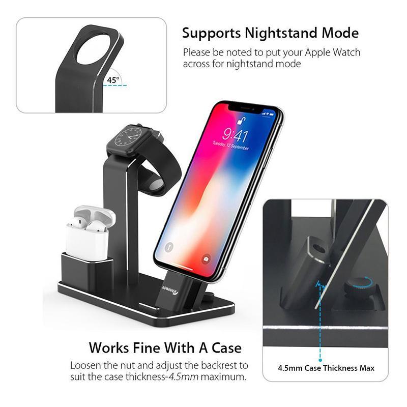 Multi-device charging stand with smartphone, smartwatch, and wireless earbuds on a white background.
