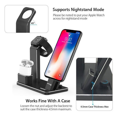 Multi-device charging stand with smartphone, smartwatch, and wireless earbuds on a white background.