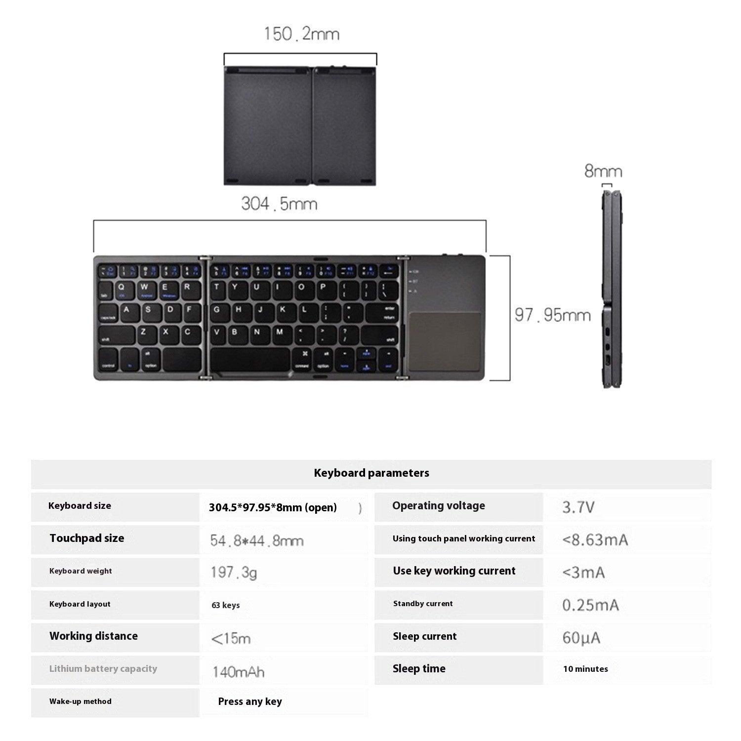 Foldable keyboard with dimensions and technical specifications on a white background
