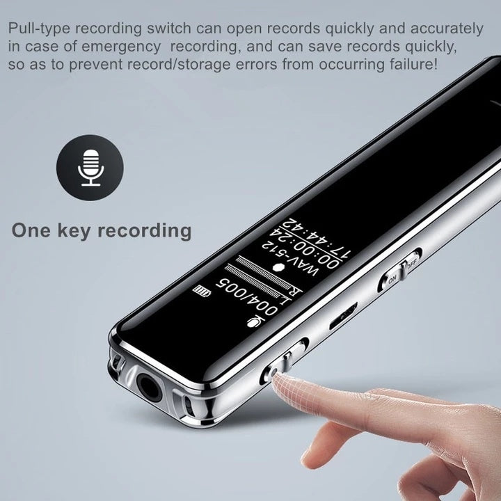 Digital voice recorder with a hand pressing a button on a gray background