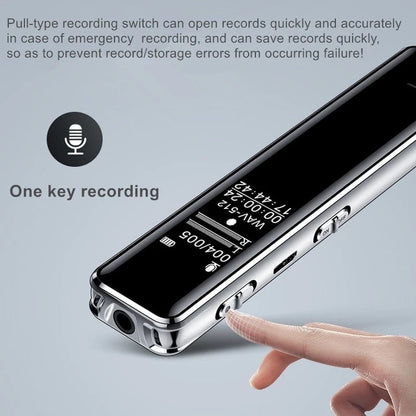 Digital voice recorder with a hand pressing a button on a gray background