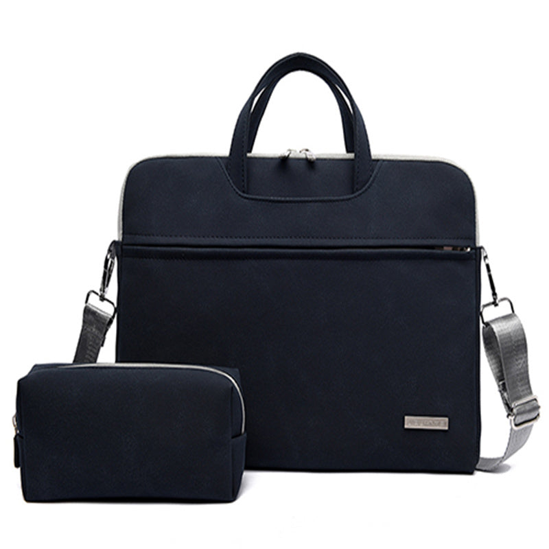 Black laptop bag with shoulder strap on a white background