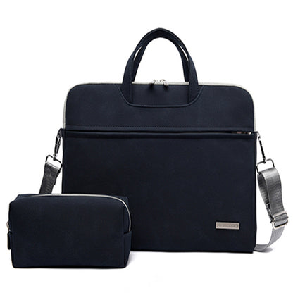 Black laptop bag with shoulder strap on a white background