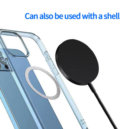 Phone case with a black circular component and text indicating it can be used with a shell.