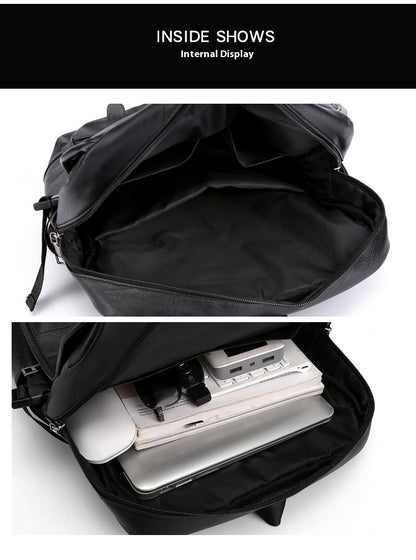 Black backpack with a laptop and tablet inside on a white background