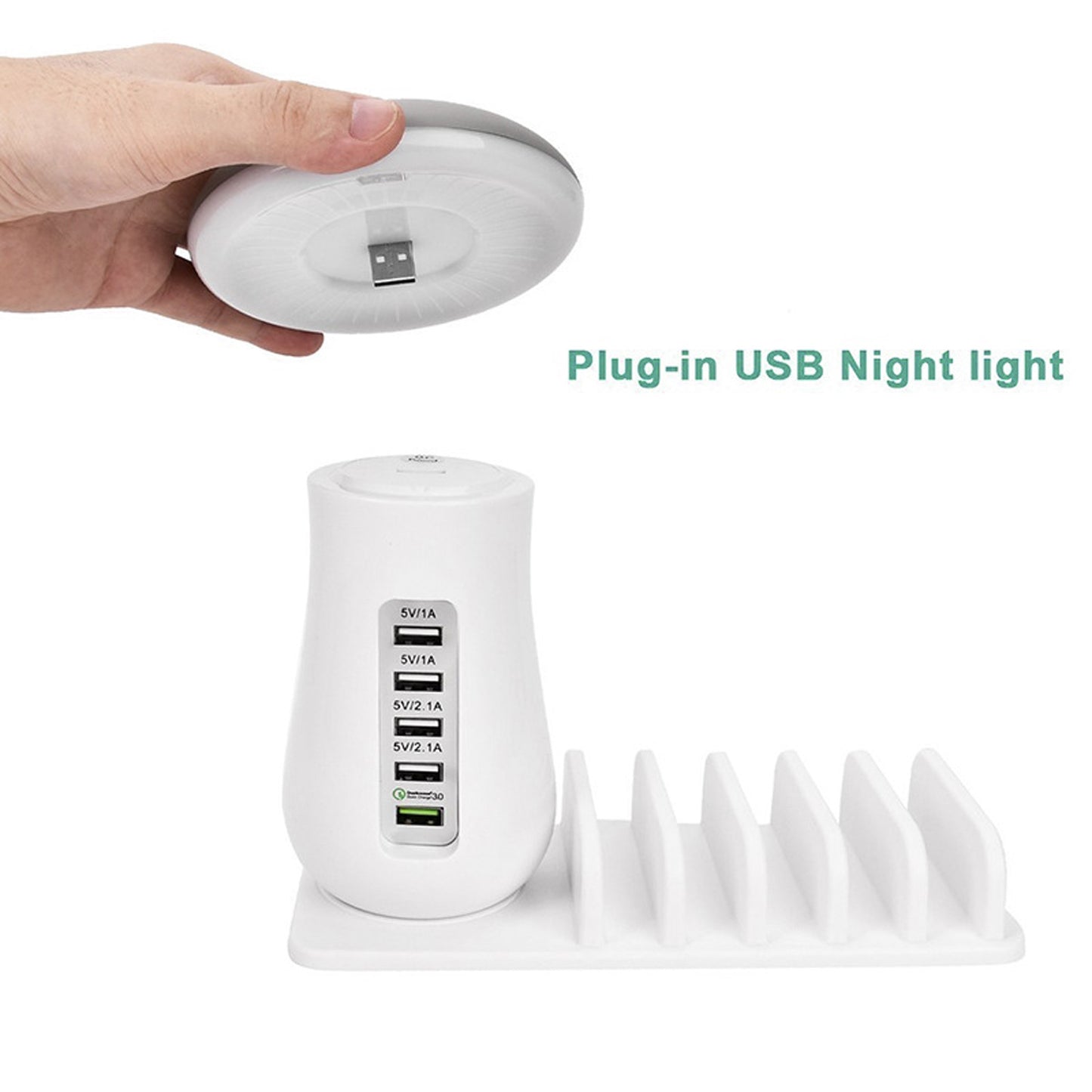 Plug-in USB night light with multiple USB ports on a white background