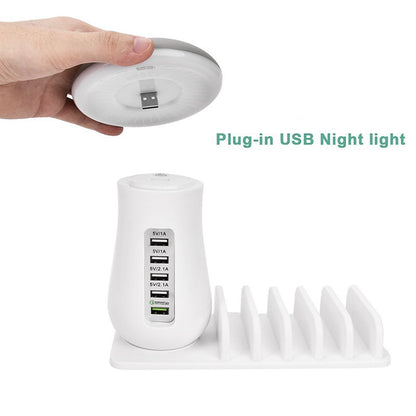 Plug-in USB night light with multiple USB ports on a white background