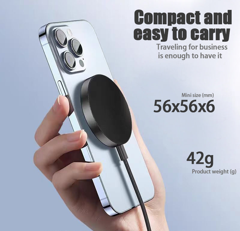 Hand holding a phone with a magnetic charging pad, text about compactness and ease of carrying.