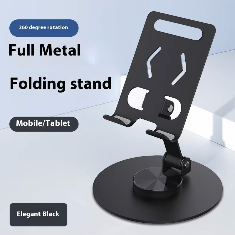 Black metal folding stand with 360-degree rotation on a light blue background