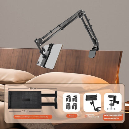 Adjustable arm mount on a headboard with product details overlay