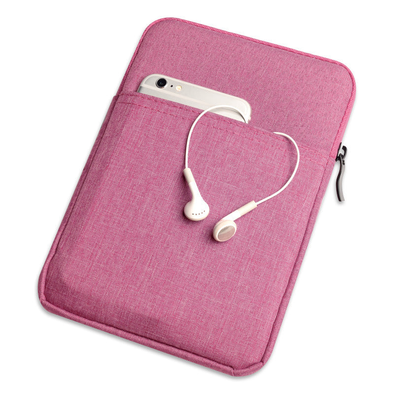 Pink fabric pouch with a phone and earphones on a white background