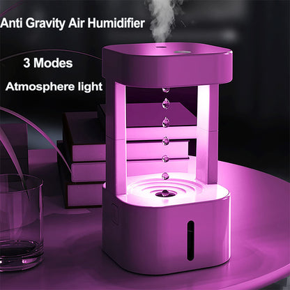 Purple anti-gravity air humidifier with steam on a dark background