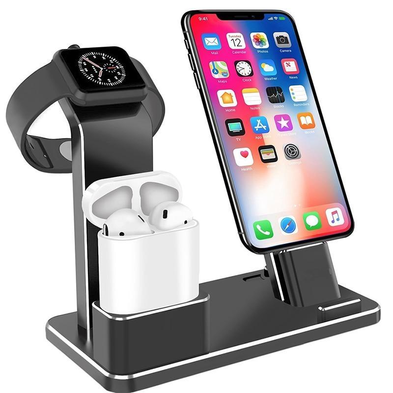 Multi-device charging stand with smartphone, smartwatch, and airpods on a white background