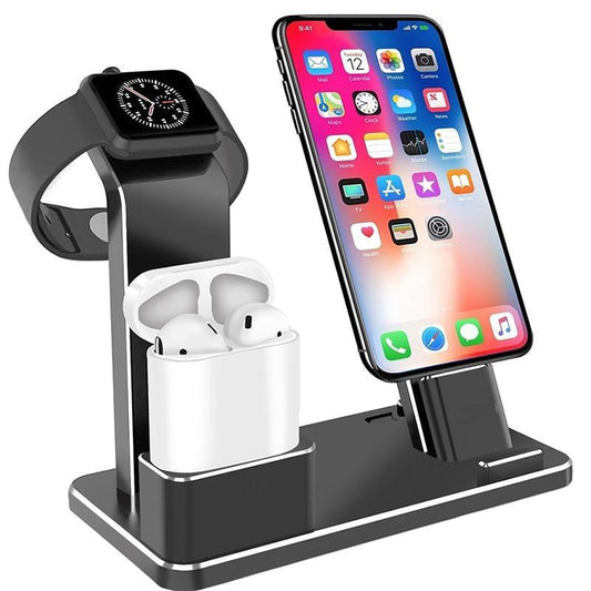Multi-device charging stand with smartphone, smartwatch, and airpods on a white background