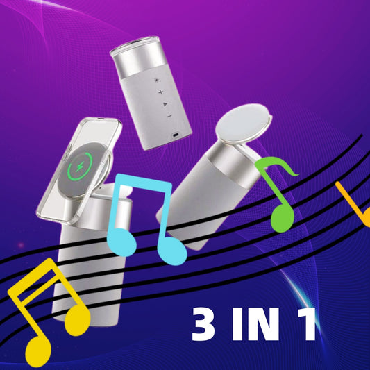 Three electronic devices on a purple and blue gradient background with musical notes and '3 IN 1' text.