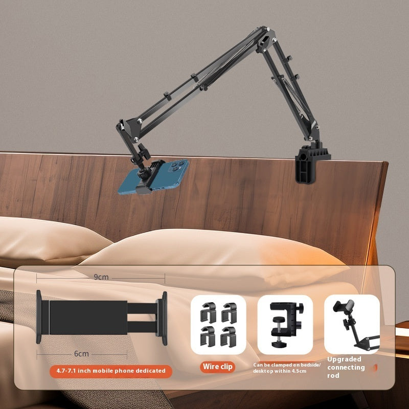 Flexible arm monitor stand on a bed with product features displayed.