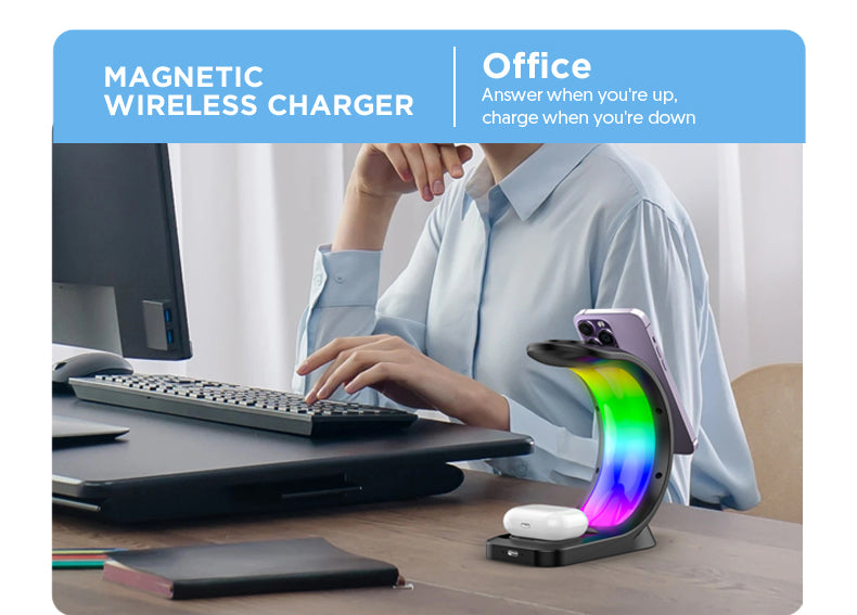 Magnetic wireless charger on a desk with a person using a computer, text 'Magnetic Wireless Charger' and 'Office'.
