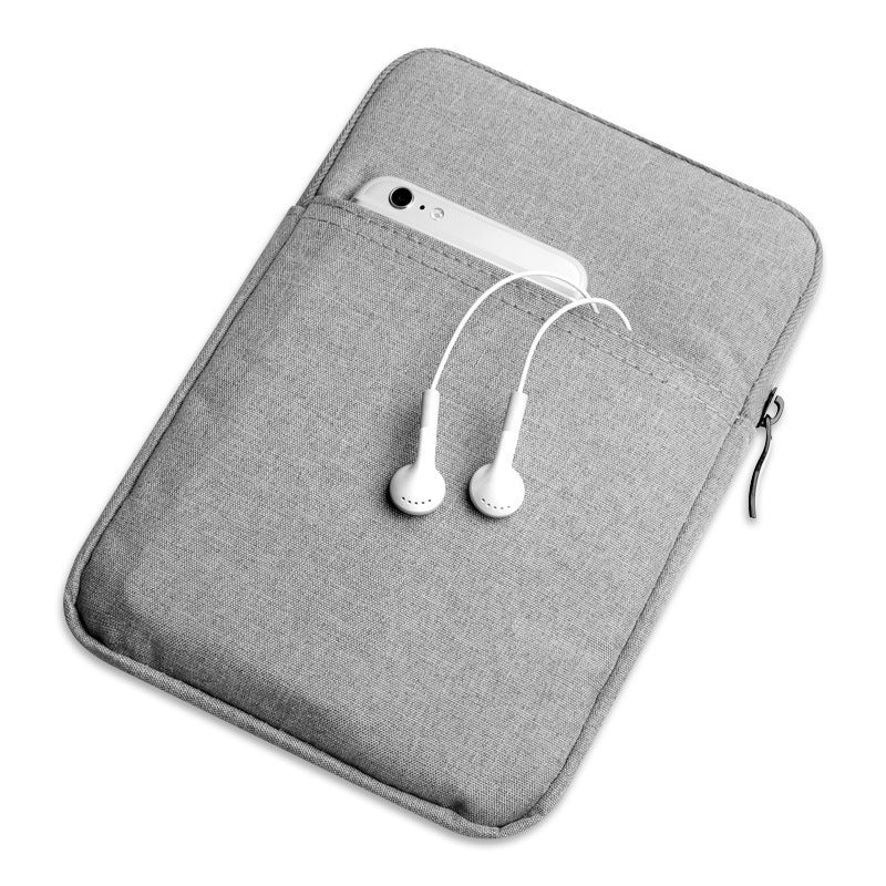Gray fabric pouch with a phone and earphones on a white background