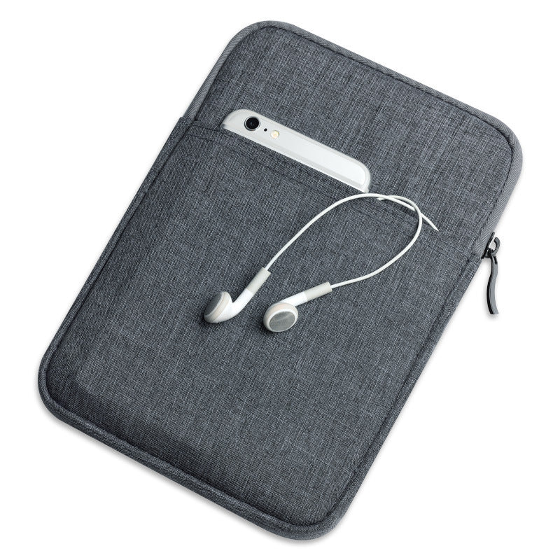 Gray fabric pouch with a phone and earphones on a white background
