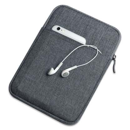Gray fabric pouch with a phone and earphones on a white background