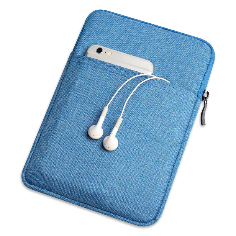 Blue fabric pouch with a phone and earphones on a white background