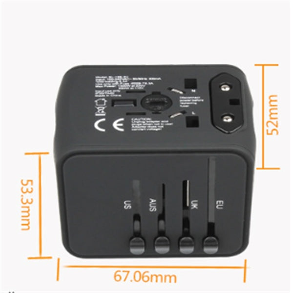 Black travel adapter with multiple plug sockets and dimensions labeled on a white background