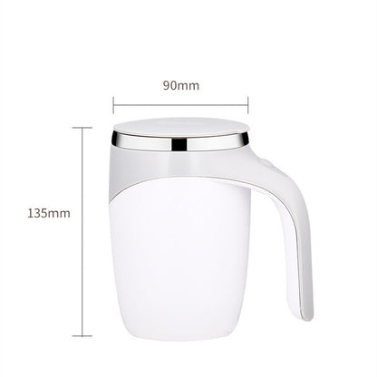 White mug with a silver lid and handle, showing dimensions on a white background
