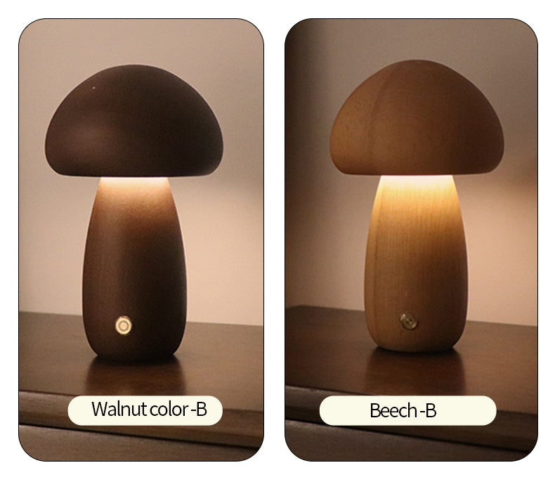 Two mushroom-shaped lamps, one in walnut color and the other in beech color, on a neutral background.